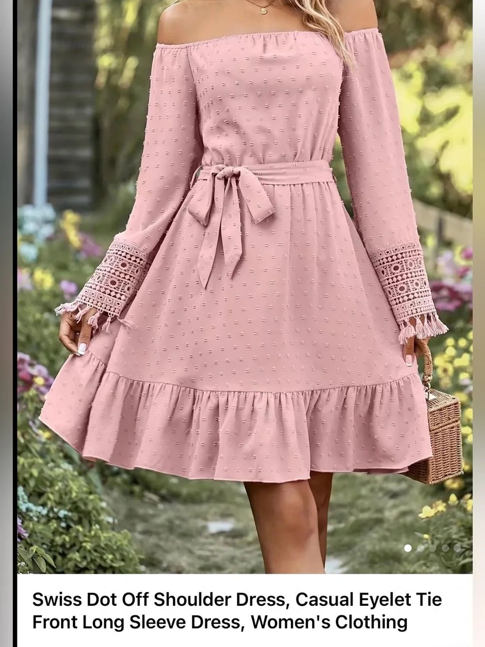 Swiss Dot off shoulder or on Tie-Waist Long Sleeve Midi Dress in Dusty Pink